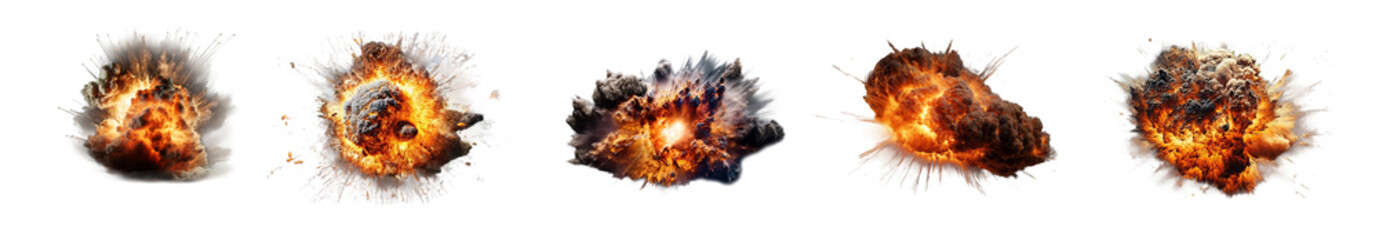 Set of explosions isolated on transparent background. Hot fiery explosion with fire, sparks and smoke