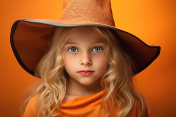 Captivating Halloween portrait of a girl in a witch's hat against a vibrant orange background.