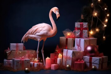 elegant tropical flamingo with christmas gift boxes on blue background