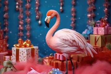 elegant tropical flamingo with christmas gift boxes on blue background