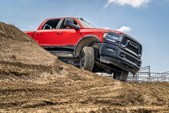Loveland, CO, USA - August 26, 2023: RAM Rebel truck on a muddy training off-road trail course.