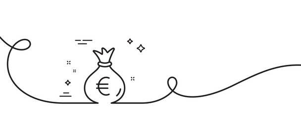 Money bag line icon. Continuous one line with curl. Cash Banking currency sign. Euro or EUR symbol. Money bag single outline ribbon. Loop curve pattern. Vector