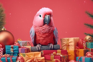 cute colorful parrot with christmas gift boxes on pink background
