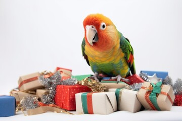 cute colorful parrot with christmas gift boxes on white background