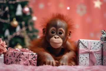 Naklejka premium cute baby orangutan ape with christmas gift boxes on blurred xmas tree background