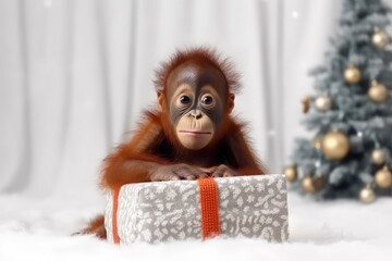 Obraz premium cute baby orangutan ape with christmas gift boxes on white background