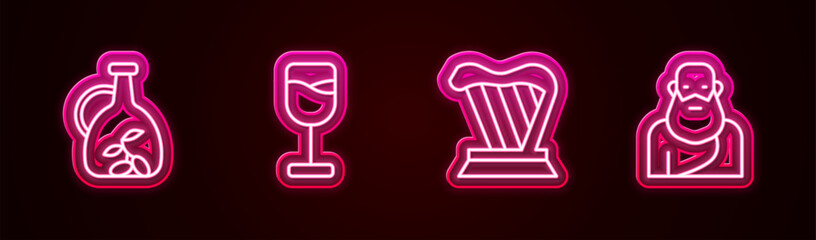 Set line Bottle of olive oil, Wine glass, Harp and Socrates. Glowing neon icon. Vector