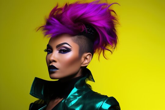 Concept abstract portrait of a vibrant 90s-inspired woman, showcasing bold makeup and colorful hair on the color background.