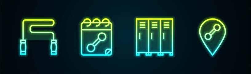 Set line Jump rope, Calendar fitness, Locker or changing room and Location gym. Glowing neon icon. Vector