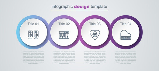 Set line Stereo speaker, Music synthesizer, Guitar pick and Grand piano. Business infographic template. Vector