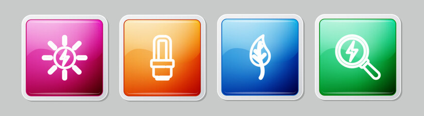 Set line Solar energy panel, LED light bulb, Leaf or leaves and Lightning bolt. Colorful square button. Vector