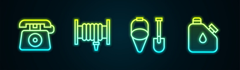 Set line Telephone call 911, Fire hose reel, shovel and bucket and Canister fuel. Glowing neon icon. Vector