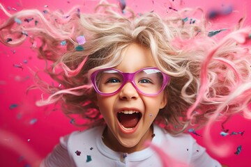Enchanting portrait of a curly-haired girl with tousled blond locks, donning multicolored strands and glasses, exuberantly captured in a joyful scream on the vibrant pink background.