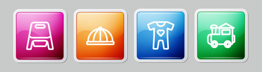 Set line Baby potty, hat, clothes and Toy train. Colorful square button. Vector
