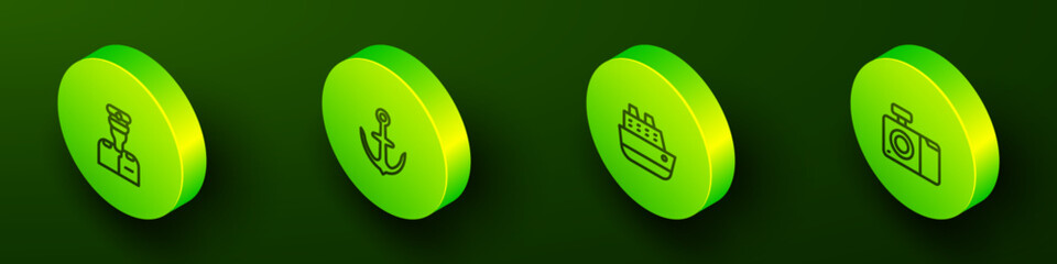 Set Isometric line Captain of ship, Anchor, Cruise and Photo camera icon. Vector