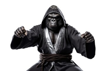 Fototapeta na wymiar gorilla ape in robe training martial arts on a white background