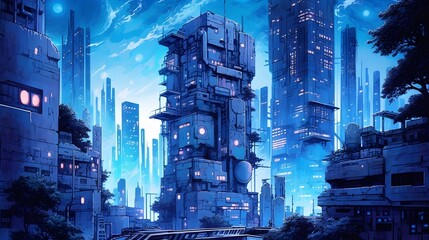 Cyberpunk city illustration with a night sky. landscape futuristic city wallpaper for phones, laptops, monitors, etc. Dark blue and purple city painting