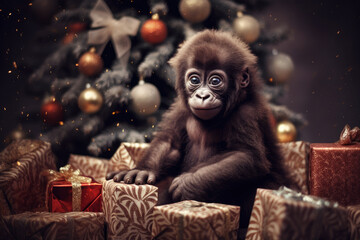 cute baby gorilla ape with christmas gift boxes on blurred xmas tree background