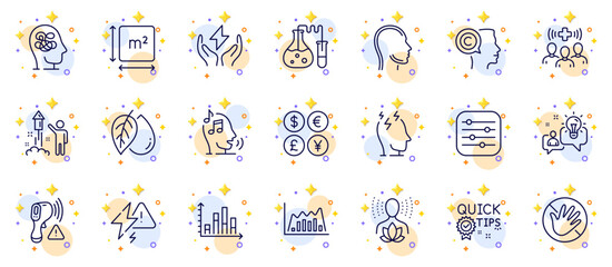 Outline set of Mineral oil, Yoga balance and Filter line icons for web app. Include Quick tips, Chemistry lab, Do not touch pictogram icons. Head, Infographic graph, Safe energy signs. Vector