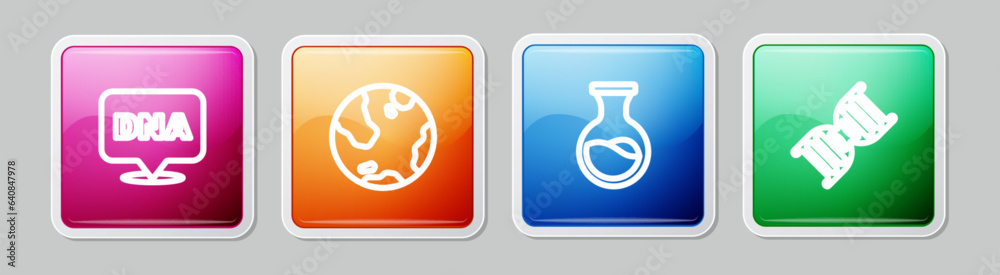 Wall mural set line dna symbol, earth globe, test tube and flask and . colorful square button. vector