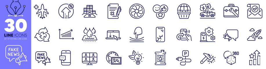 Fototapeta premium Tool case, Charging parking and Hammer blow line icons pack. Megaphone, Video conference, Inventory web icon. Reject file, Medical flight, Smartphone broken pictogram. Share call. Vector