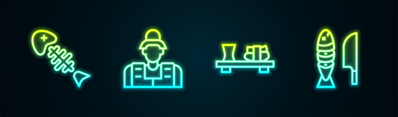 Set line Fish skeleton, Fisherman, Sushi cutting board and with sliced pieces. Glowing neon icon. Vector