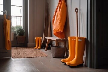 Fototapeta na wymiar outerwear and rubber boots in cozy the hallway