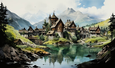 Fototapeta premium Watercolor natural mountain landscape with architectural building.