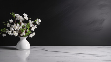Minimal White Marble Table with vase on black background for product presentation, copy space