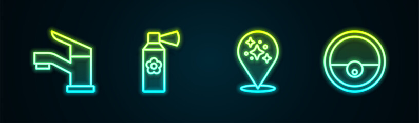 Set line Water tap, Air freshener spray bottle, Home cleaning service and Robot vacuum cleaner. Glowing neon icon. Vector