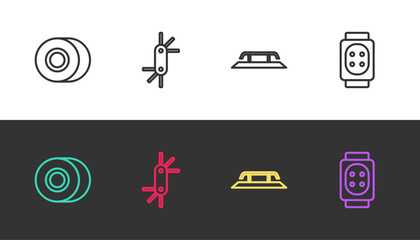 Set line Skateboard wheel, Tool allen keys, stairs with rail and Knee pads on black and white. Vector