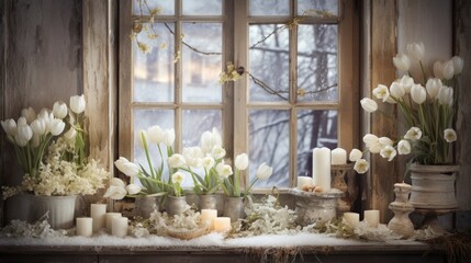A window sill filled with lots of flowers and candles