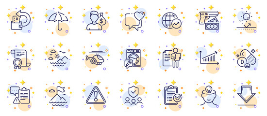 Outline set of Sun protection, Washing machine and Survey checklist line icons for web app. Include Certificate, Robbery, Vitamin d pictogram icons. Salary, Warning, Heart signs. Vector