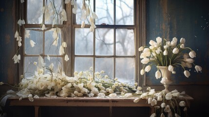 A bunch of white flowers sitting on a table next to a window