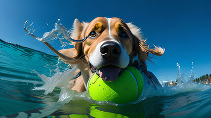 The dog wit green tennis's ball in blue water, sunny day, world animal day, dog playing with ball