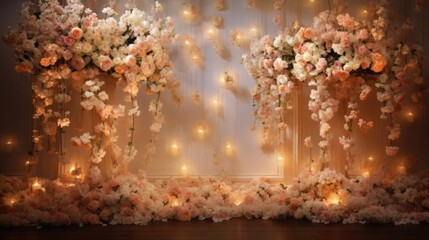 A wedding arch with flowers and fairy lights