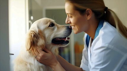 Beautiful Female Veterinarian Petting a Noble Golden Retriever Dog. Healthy Pet on a Check-Up Visit in Modern Veterinary Clinic with Happy Caring Doctor