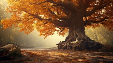 Autumn background, leaves on the left, old tree background.