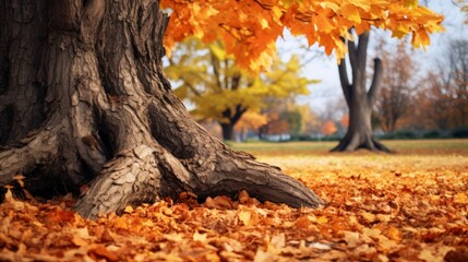 Autumn background, leaves on the left, old tree background.