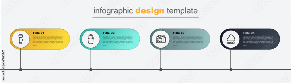 Canvas Prints Set line Cloud with rain, Photo camera, Bucket and Flashlight. Business infographic template. Vector