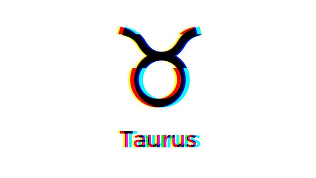 Taurus zodiac sign with glitch effect on white background. Astrological symbol motion graphics
