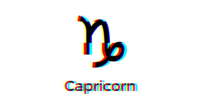 Capricorn zodiac sign with glitch effect on white background. Astrological symbol motion graphics