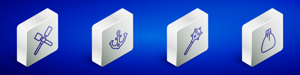 Set Isometric line Oars or paddles boat, Anchor, Mace with spikes and Old money bag icon. Vector