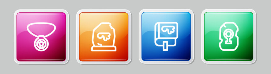 Set line Necklace with gem, Magic rune, Viking book and . Colorful square button. Vector