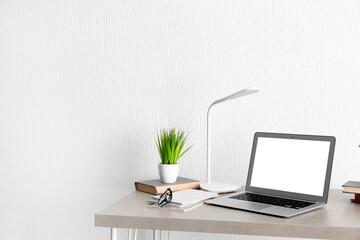 Comfortable workplace with modern laptop, books and houseplant on beige table