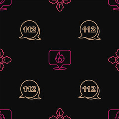 Set line Firefighter, Emergency call and Location with fire flame on seamless pattern. Vector