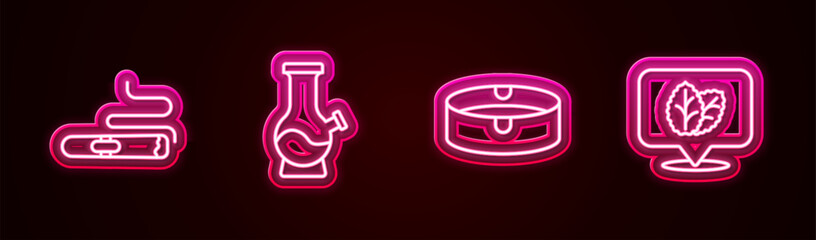 Set line Cigar, Bong, Ashtray and Tobacco leaf. Glowing neon icon. Vector