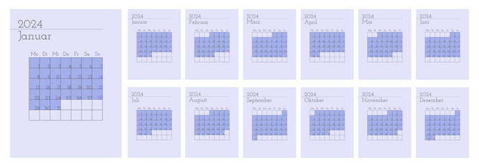 2024 calendar vector design template, simple and clean design. Calendar in German with space for notes. The week starts on Monday.