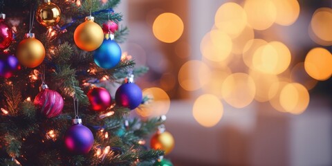 Fototapeta na wymiar Merry Christmas and Happy New Year. Festive bright beautiful background. Decorated Christmas tree on blurred background. de-focused lights, gold bokeh