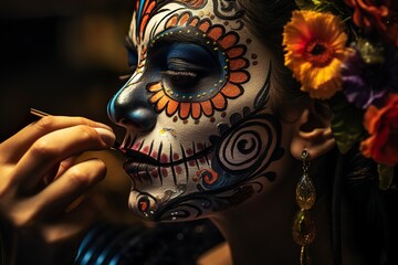 Closeup portrait of Calavera Catrina. Young woman with sugar skull makeup. Day of The Dead